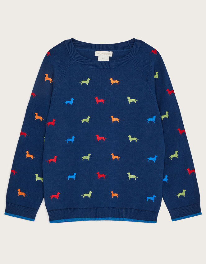 Sammy Sausage Dog Embroidered Jumper, Blue (NAVY), large