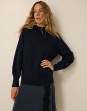 Suzy Knitted Lace Satin Midi Dress, Blue (NAVY), large
