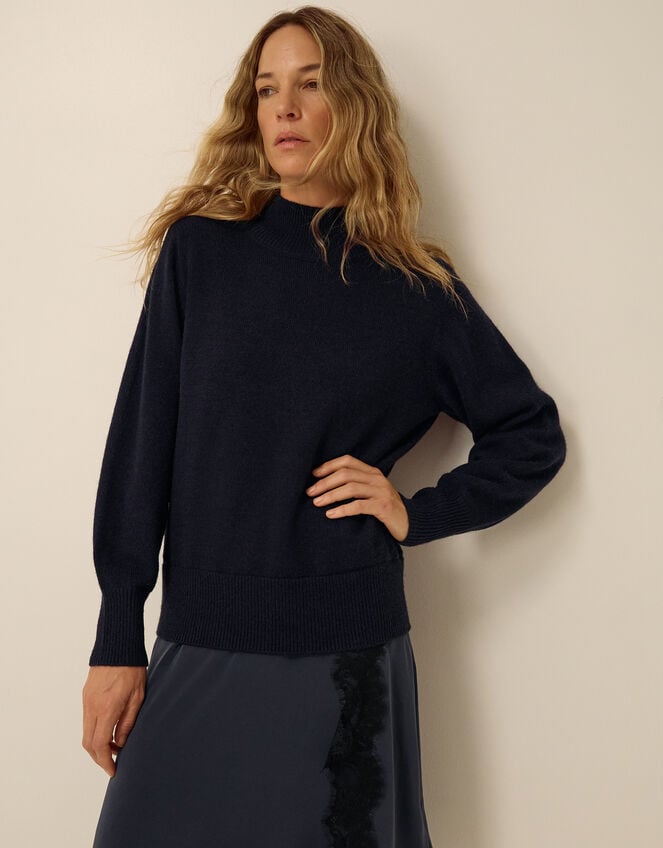 Suzy Knitted Lace Satin Midi Dress, Blue (NAVY), large