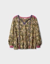 East Ikat Print Tassel Blouse, Green (GREEN), large