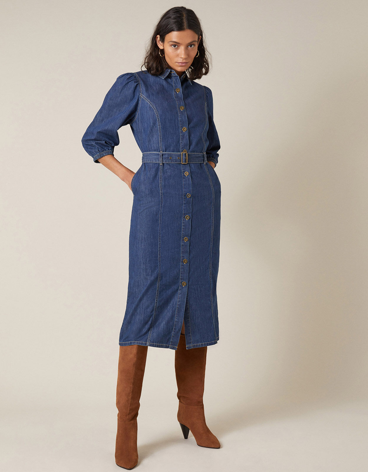 Denim midi hotsell dress outfit