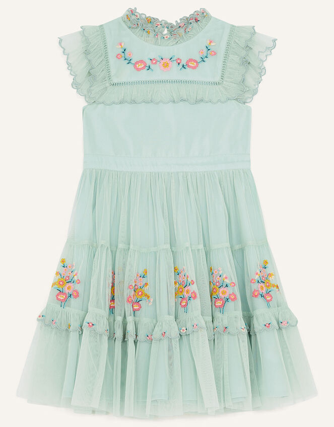 Embroidered Net Tiered Dress, Green (GREEN), large
