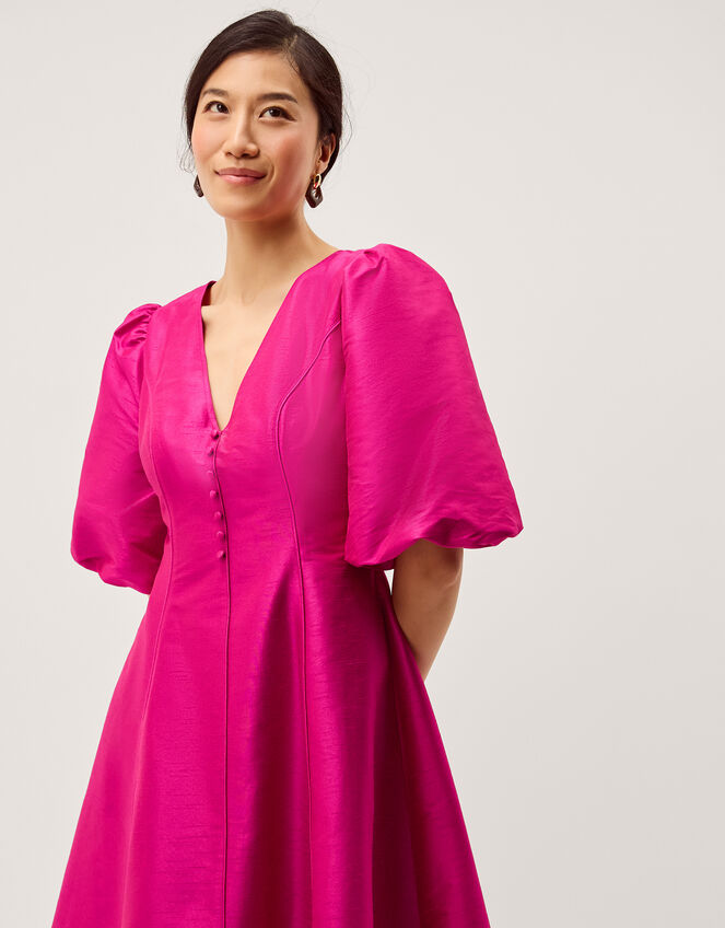 Beatrice Puff Sleeve A-Line Midi Dress Pink