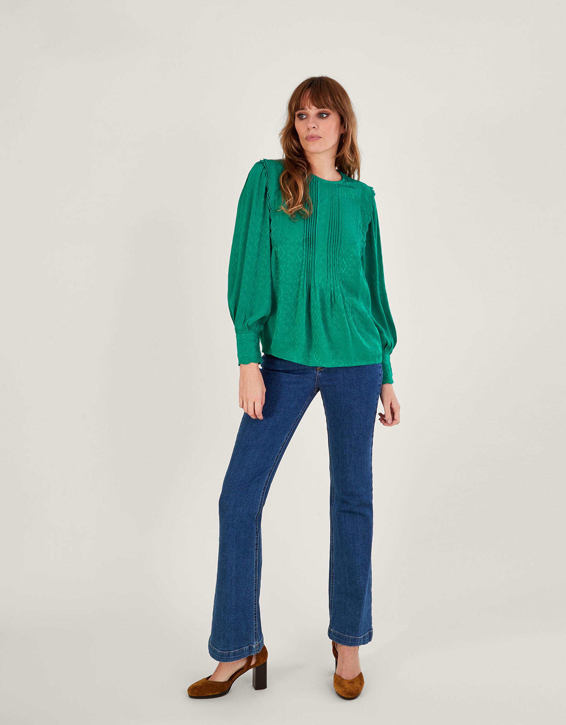 Green - Jacquard Weave Cotton Stitched Blouse 10