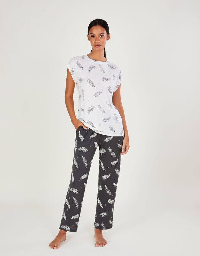 Feather Print Jersey Pyjamas in LENZING™ ECOVERO™, Grey (GREY), large
