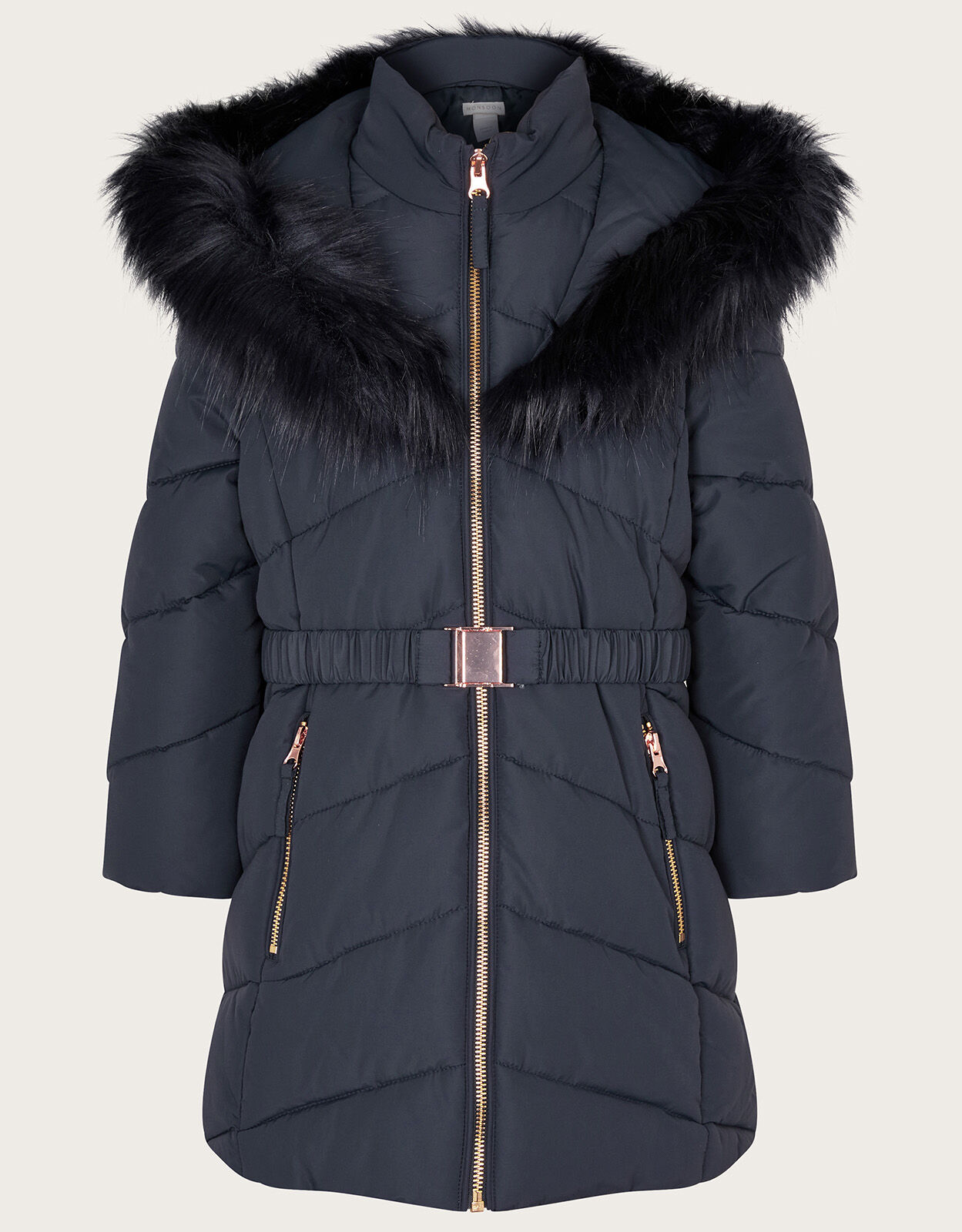 Belted Faux Fur Hooded Coat Blue Girls Coats Jackets Monsoon UK