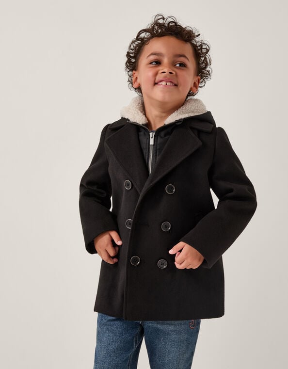 Zip Through Hooded Peacoat, Black (BLACK), large