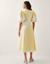Nancy Applique Puff-Sleeve Midi Dress, Yellow (YELLOW), large