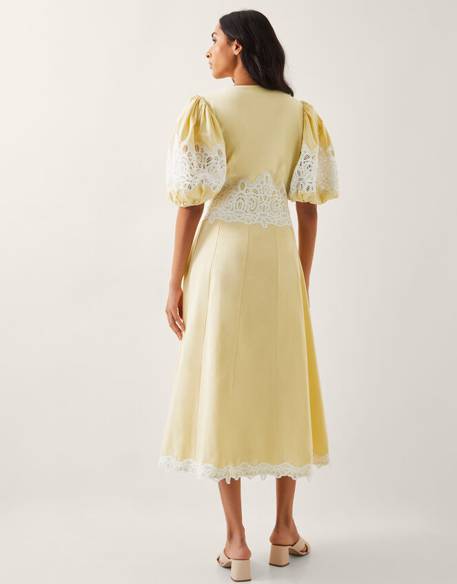 Nancy Applique Puff-Sleeve Midi Dress, Yellow (YELLOW), large