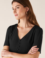 Button Front V-Neck Top, Black (BLACK), large