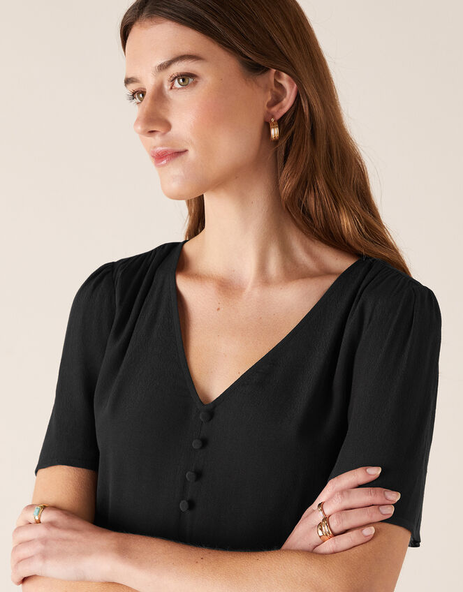Button Front V-Neck Top, Black (BLACK), large