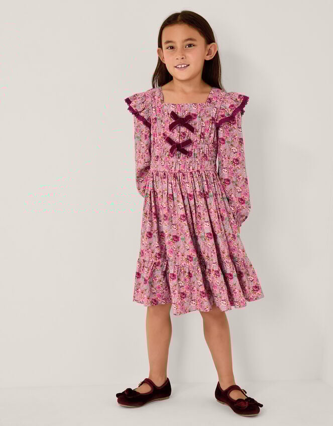 Floral Long Sleeve Bow Dress, Pink (PINK), large