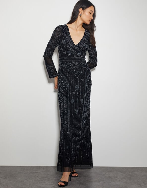 Lorelai Beaded Long Sleeve Maxi Dress, Black (BLACK), large