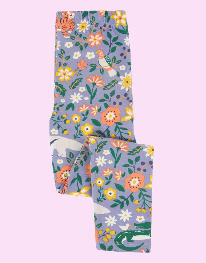 Frugi Rainforest Friends Print Leggings, Purple (PURPLE), large