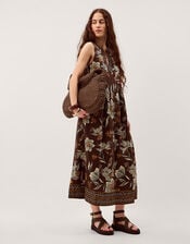 Esther Floral Linen Blend Midi Dress, Brown (CHOCOLATE), large