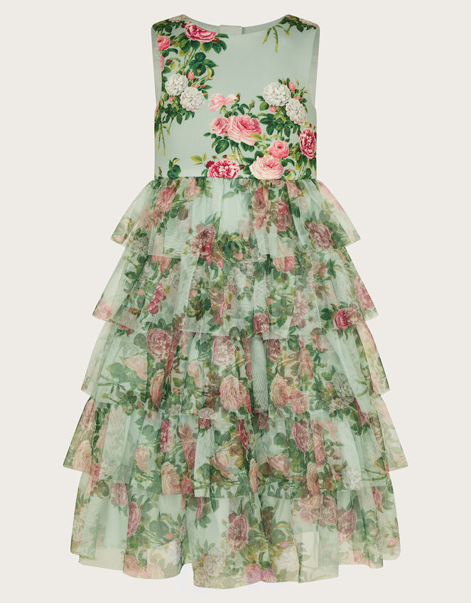 Flora Rose Print Tiered Tulle Dress Green | Girls' Dresses | Monsoon UK.