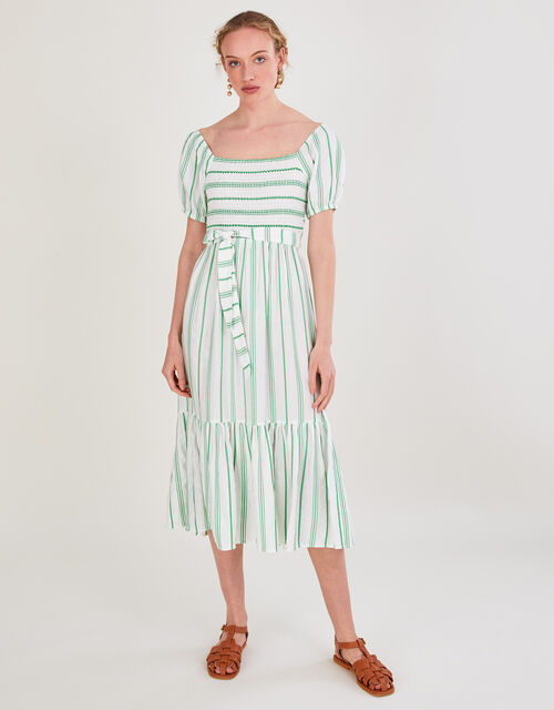 Stripe Jacquard Belted Tiered Dress with LENZING™ ECOVERO™, Green (GREEN), large