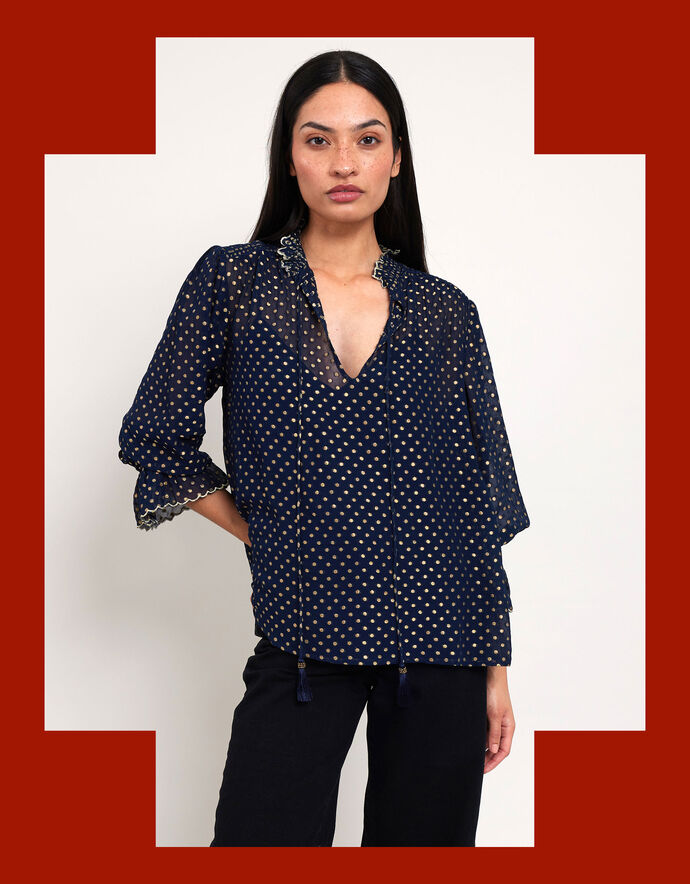 EDP-080718 BLUE BOW TIE BLOUSE main image 0