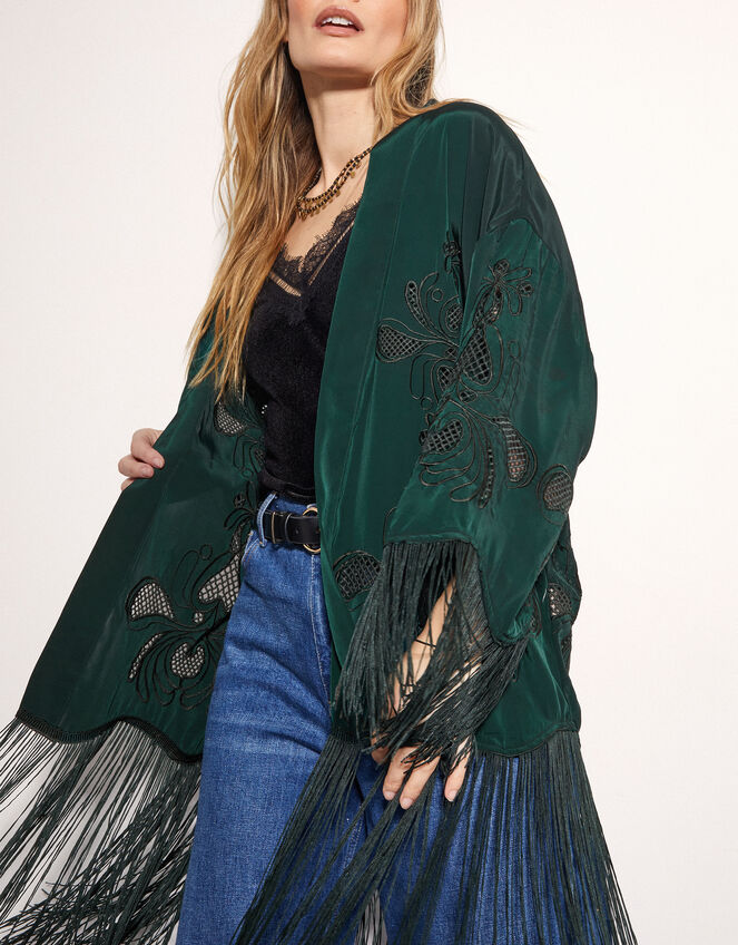East Heba Embroidered Tassel Kimono, Green (GREEN), large