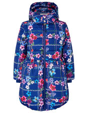 Floral Check Padded Coat in Recycled Fabric, Blue (NAVY), large
