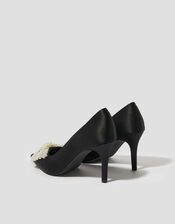 Pearl Bow Satin Court Shoes, Black (BLACK), large