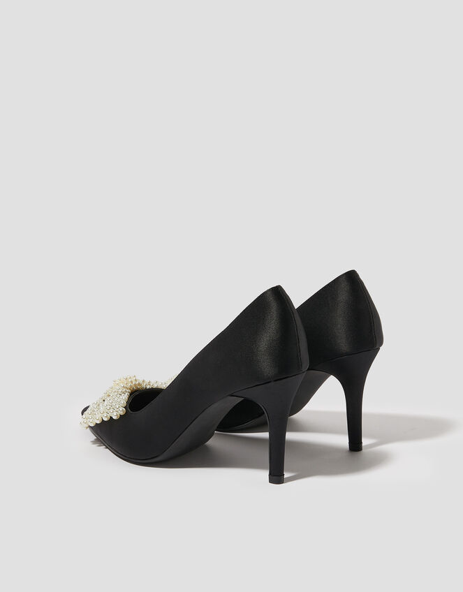 Pearl Bow Satin Court Shoes, Black (BLACK), large