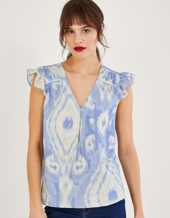 Peggy Ikat Tank Top in Linen Blend, Blue (BLUE), large