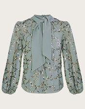 Andi Sequin Pussybow Blouse, Green (SAGE), large