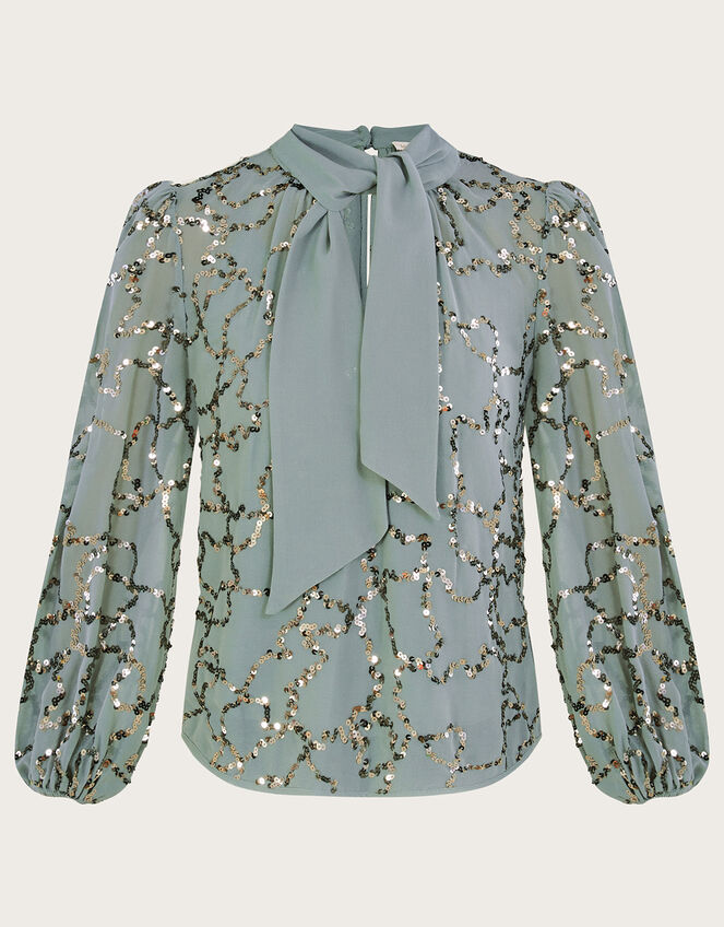 Andi Sequin Pussybow Blouse, Green (SAGE), large