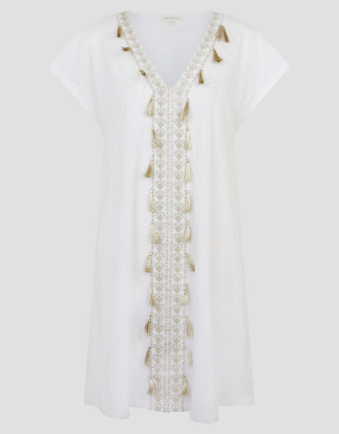 Jodie Tassel Beach Tunic Mini Dress, White (WHITE), large