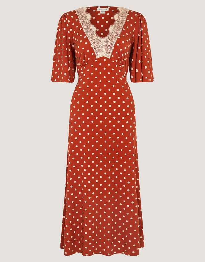 Peri Polka Dot Jersey Midi Dress, Orange (RUST), large