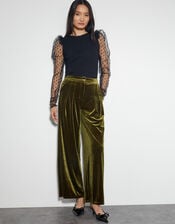 Valery Wide Leg Velvet Trousers, Green (OLIVE), large