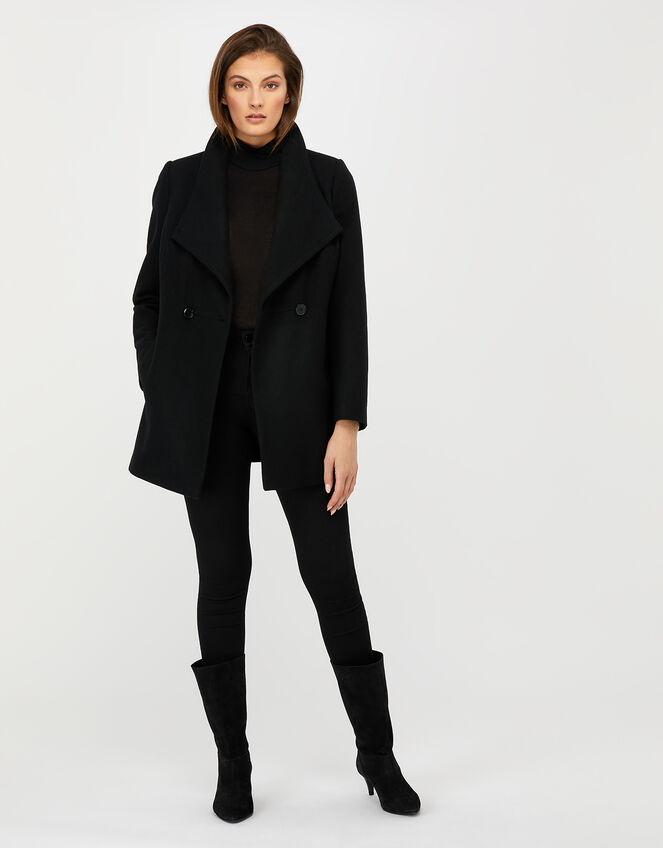 Rita Wrap Collar Coat Short, Black (BLACK), large