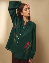 East Freddie Hand-Painted Floral Print Shirt , Green (DARK GREEN), large