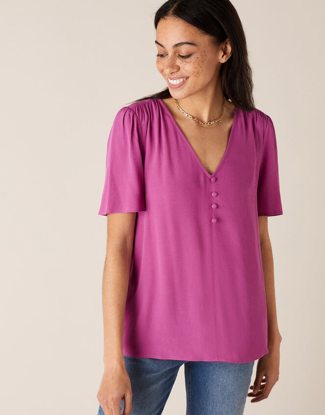 Button Front V-Neck Top, Pink (PINK), large