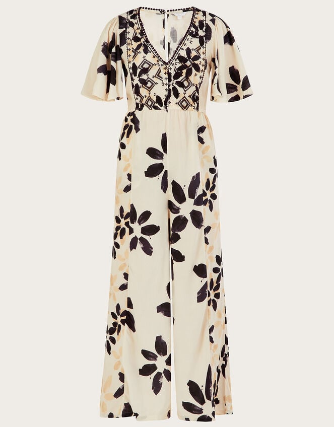 Abstract Floral Print Embroidered Jumpsuit Ivory