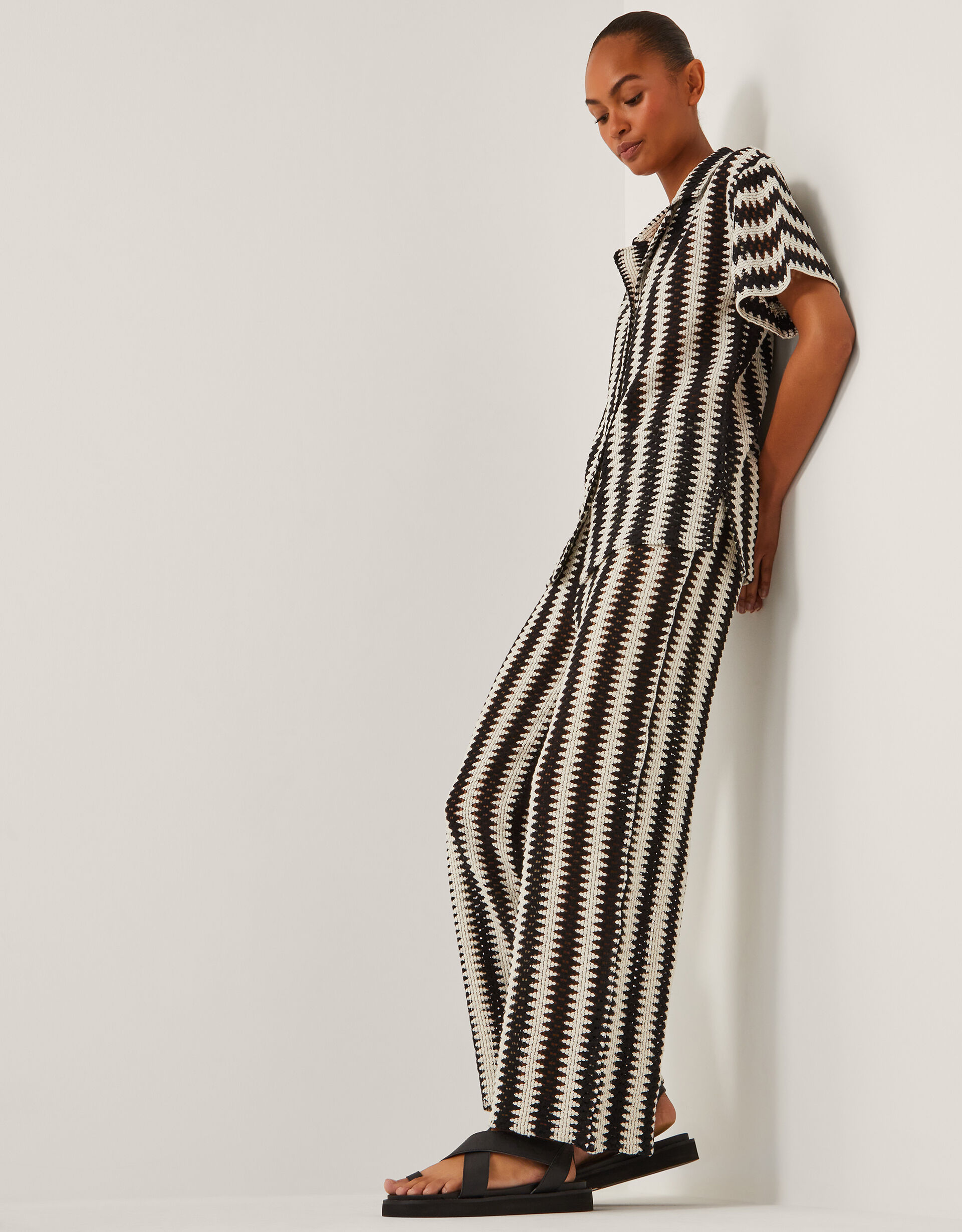 Cleo Crochet Stripe Wide Leg Trousers Black