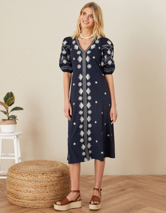 Emma Embroidered Jersey Dress , Blue (NAVY), large