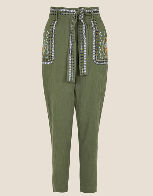 Double Faced Embroidered Trousers in Sustainable Cotton, Green (KHAKI), large