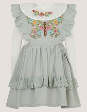 Baby Butterfly Embroidered Pinafore Dress & Top Set, Green (GREEN), large