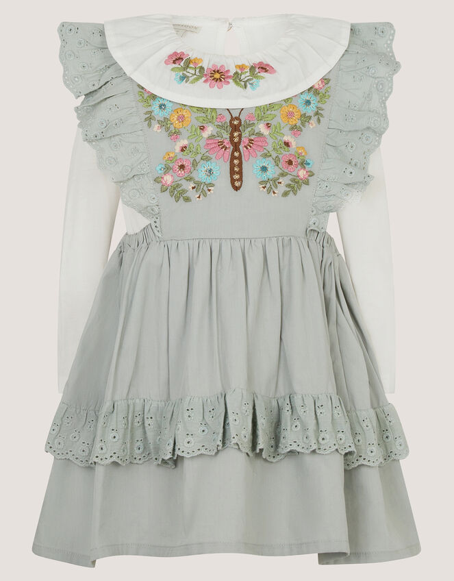 Baby Butterfly Embroidered Pinafore Dress & Top Set, Green (GREEN), large
