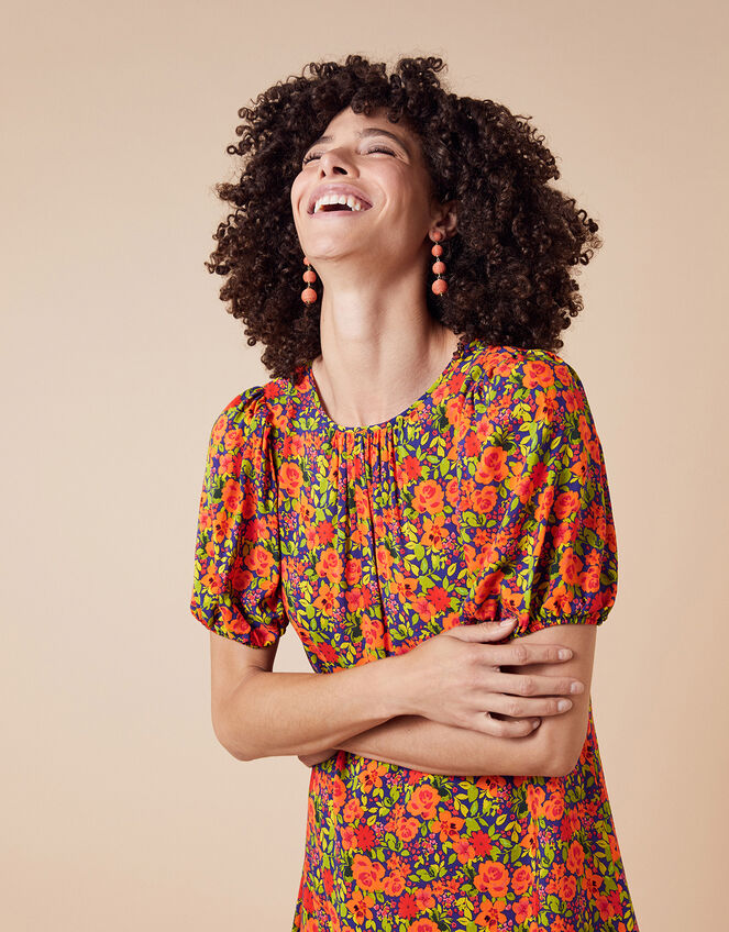 Romana Floral Tiered Hem Midi Dress, Orange (ORANGE), large