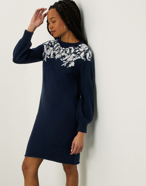 Floral Embroidered Yoke Dress with Recycled Polyester Blue, Blue (NAVY), large