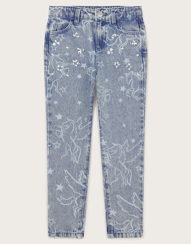 Rhinestone Unicorn Straight Jeans, Blue (BLUE), large