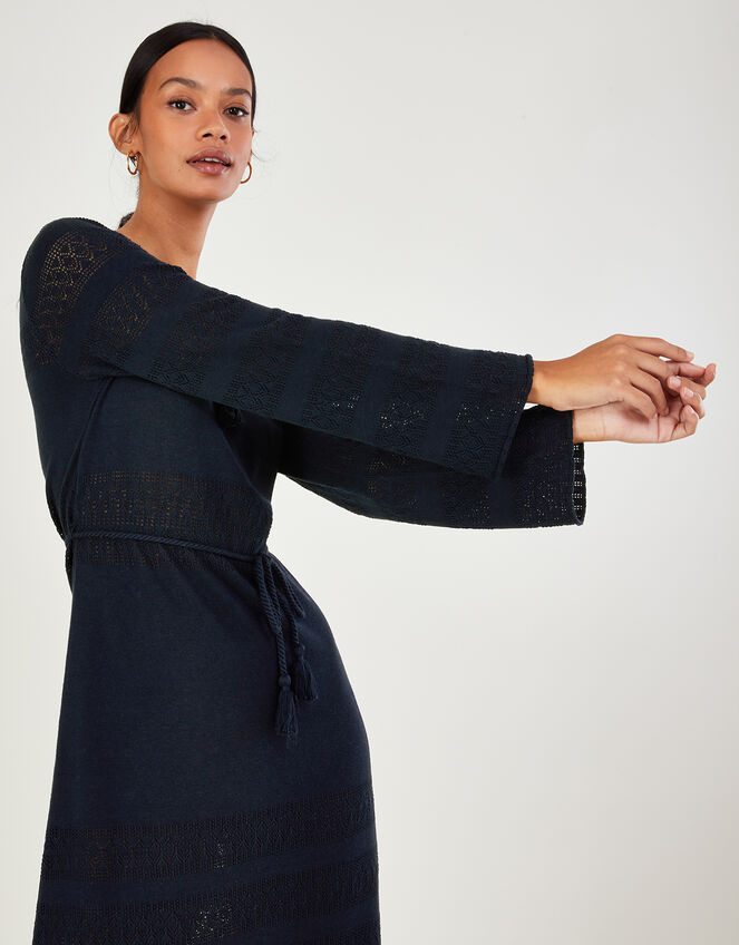 Belted Pointelle Midi Dress, Blue (NAVY), large