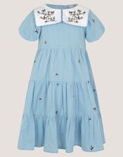 Floral Embroidered Collar Dobby Dress, Blue (BLUE), large