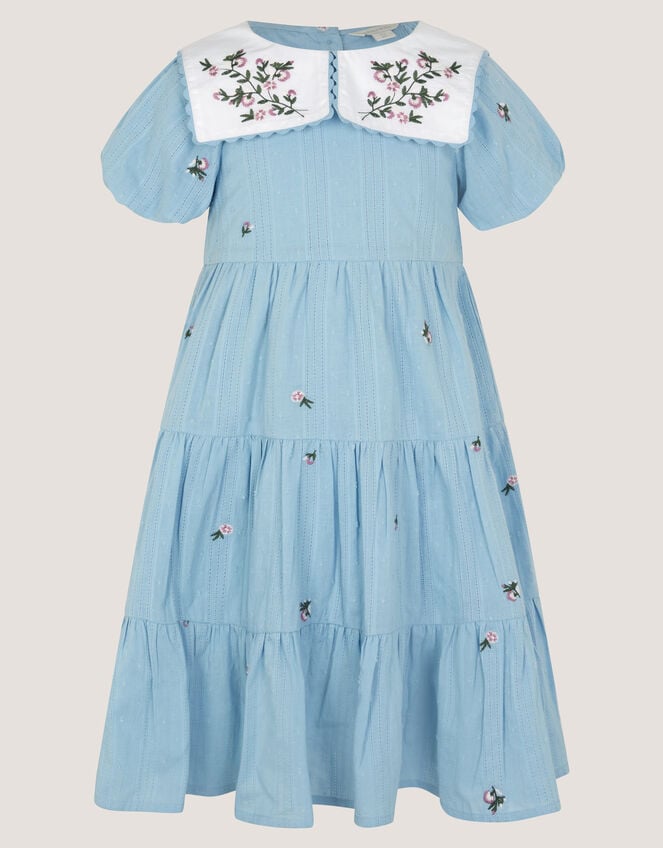 Floral Embroidered Collar Dobby Dress, Blue (BLUE), large