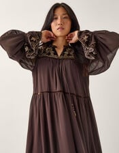Nova Embroidered Yoke Chiffon Maxi Dress, Brown (CHOCOLATE), large