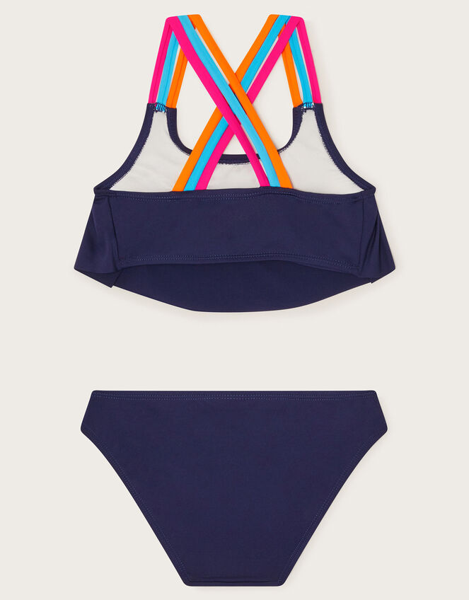 Cross-Back Strap Frill Bikini Set, Blue (NAVY), large