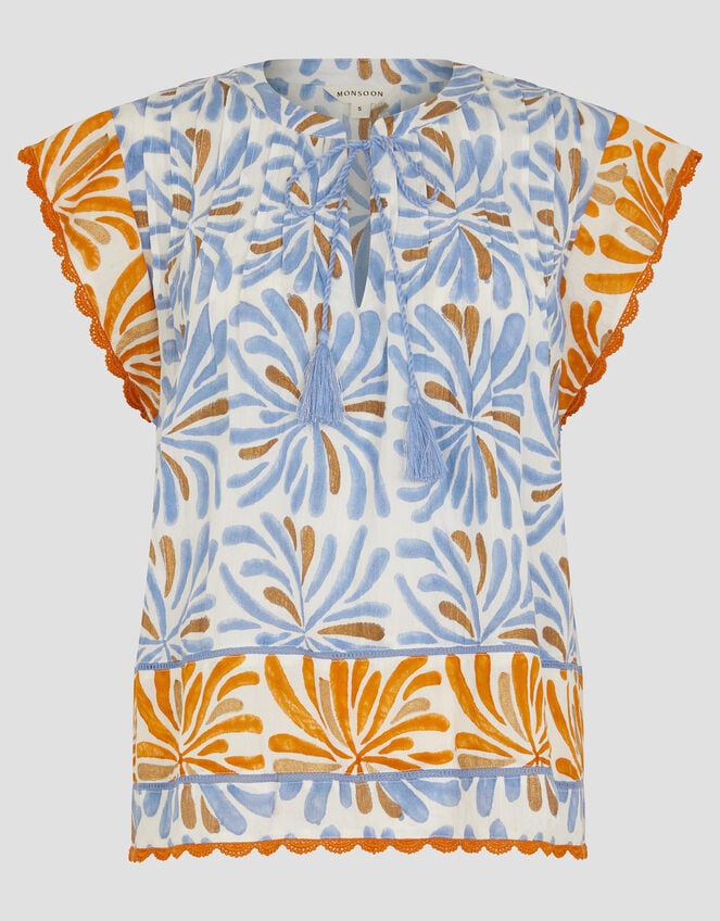 Cece Woodblock Print Top Blue